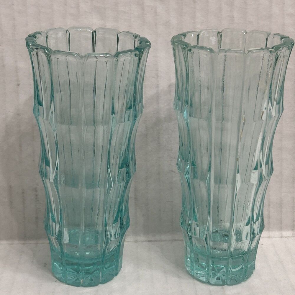 Vintage Pair Of Tiara Suzanne 5-1/2" Aqua Glass Paneled Vases